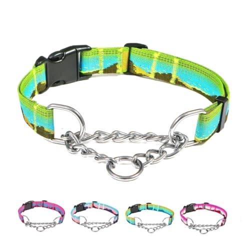 Martingale Dog Collars with Stainless Steel Chain, Reflective No Pull Walking Training Collar with Quick Release Buckle, Adjustable Slip Chain Nylon Dog Collars for Small Medium Large Dogs - color: Green and blue, size: Medium