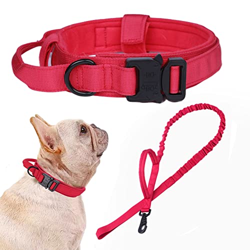 Tactical Dog Collar and Leash Set Adjustable Military Nylon Dog Collar with Control Handle and Heavy Duty Metal Buckle for Large Dogs（Red S - color: Red SET(collar+leash), size: Small (Pack of 1)