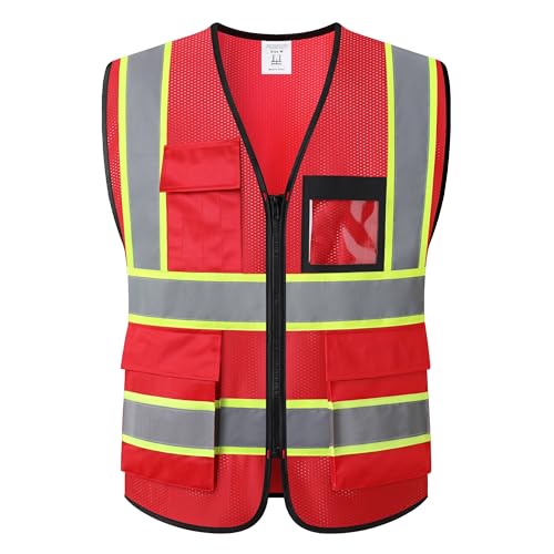 Reflective Safety Vest for Men Women Hi Vis Vest with 8 Pockets High Visibility Mesh Reflective Vest Meets ANSI/ISEA Standards (Red-07,Medium) - color: Red, size: Medium