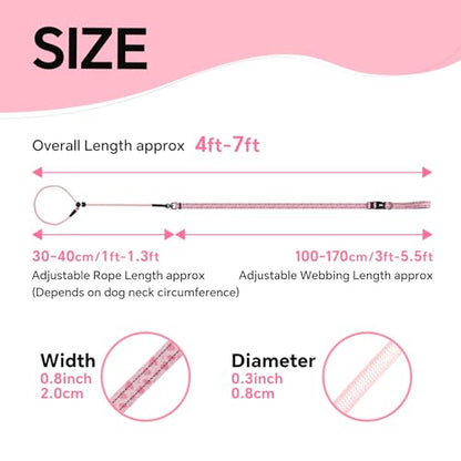 QQPETS Adjustable Slip Lead Dog Leash, Hands Free Waist Leash for Dog Walking, Reflective Training Lead with 360° Swivel Anti-Tangle, 4-7 ft Length for All Breeds - color: Pink Heart