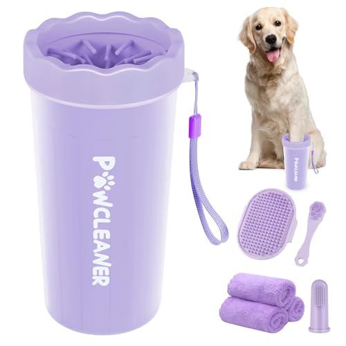 Professional 7 in 1 Dog Paw Cleaner for Dogs & Cats - Includes 1 Portable Paw Washer, 1 Bath Brush, 2 Dog Toothbrushes and 3 Absorbent Towels Note: Fits Paws 2.5 to 3.5 Inches Wide (Large, Purple) - color: Purple, size: Large