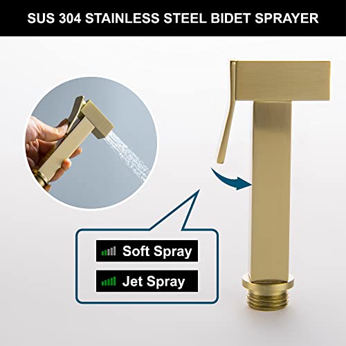 SHAMANDA Warm Water Bidet Sprayer for Toilet with Hot and Cold Brass Rough-in Valve, Stainless Steel Handheld Bidet Attachment Set for Feminine, Pets and Baby Diaper Wash, Brushed Gold, BDS08-3 - color: Brushed Gold, style: Hot & Cold Water Modes-Square