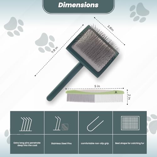 Self- Cleaning Slicker Brush for Dogs Suitable for Short & Long Haired Dogs and Effective Deshedding for Pet Grooming, Undercoat Removal, Tangle-Free Fur (Green Brush + Comb) - size: Large