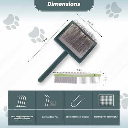 Self- Cleaning Slicker Brush for Dogs Suitable for Short & Long Haired Dogs and Effective Deshedding for Pet Grooming, Undercoat Removal, Tangle-Free Fur (Green Brush + Comb) - size: Large