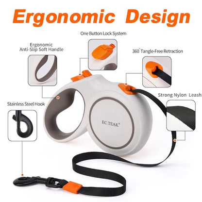 Retractable Dog Leash, 16 FT/26 FT Dog Leash Retractable for Small/Medium/Large Dogs up to 110 lbs, Strong Nylon Tape, Tangle Free, One-Hand Brake (White/Orange, Large) - color: White/Orange