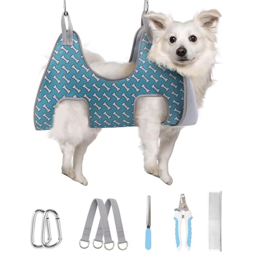Supet Dog Grooming Hammock Harness for Dogs Cats, Relaxation Pet Nail Clipper Hammock, Restraint Dog & Medium Animal Leashes Sling for Groomingk for Nail Trimming (Coral Blue, M) - color: Coral Blue, size: M（ Max 48 Lb：Leg space: 6.3"-13.5"）