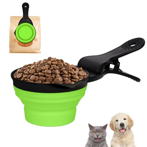 Collapsible Dog Food Scoop Foldable Pet Food Bag Clip 3 in 1 Multi-function Silicone Cat Food Measuring Cup Scoop Dog Food Scooper Pet Food Storage Clip (Green, 1 Cup Capacity(1 Pack)) - color: Green, size: 1 Cup Capacity(1 Pack)