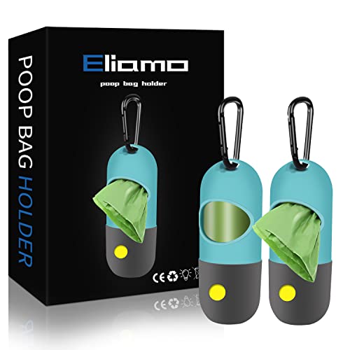 2 Pack Dog Poop Bag Dispenser with Built-in LED Flashlight, Pet Waste Bag Holder for Leash with Carabiner Clip for Lead Leash, 2 Rolls Leak-proof Doggy Waste Bags for Dog Walking, Blue,Eliamo - color: Blue