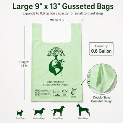 Home Compostable Dog Poop Bags, BPI & OK Compost HOME Certified | 0.6 Gallon, Thick Gusseted Unscented, 80ct, LeakProof T-Shirt Handles for Easy Knotting, Suitable for Small Medium Large Dogs
