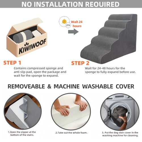 5 Step Pet Stairs Ramp for High Beds Sofas 23-30 Inch with Sturdy Non Slip Waterproof Pads, Machine Washable Cover Indoor Balanced Design for Cats Dogs Small Medium Large XL Pets Grey Large - color: Grey