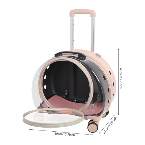 Cat Carrier with Wheels, Breathable Cat Rolling Carrier with Telescopic Handle, Bubble Cat Backpack Carrier, Pet Travel Bag for Small Dogs Pets, up to 19lbs, 15.7" x 10.6" x 17.7" (Pink) - color: Semi-Transparent Pink