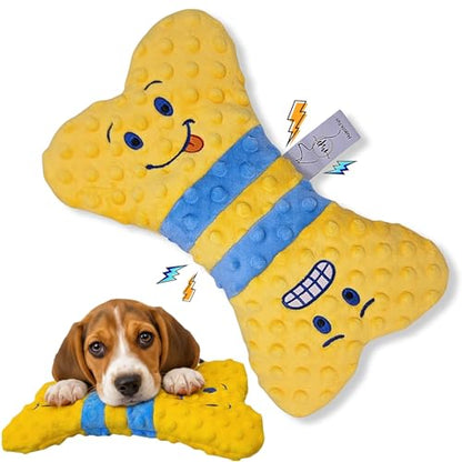Crinkle Dog Toy, No Stuffing Squeaky Dog Toy for Small, Medium & Large Breeds – Great for Cuddling, Anxiety Relief, Tug of War, Fetch, Boredom Reducer – Soft Yellow Plush Bone, Gift Ready Box
