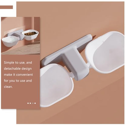 LALAFINA Wall-Mounted Cat Double Bowl Pet Feeder with Water and Food Containers, White Plastic Feeding Station for Cats and Small Dogs, Space-Saving Wall Holder for Home Use