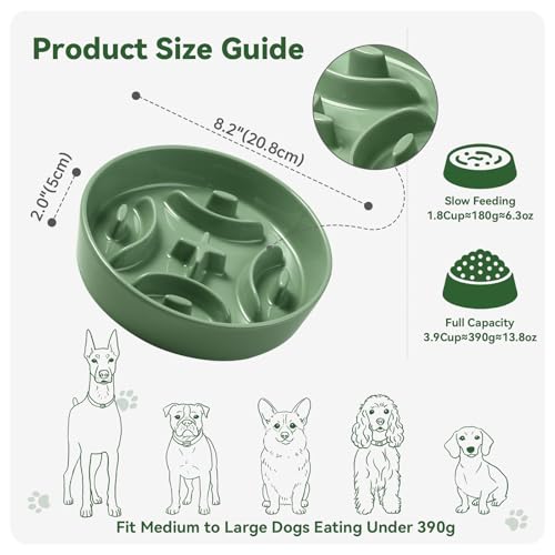 Ceramic Slow Feeder Dog Bowl, 1.8 Cups Anti -Slip Slow Feeding Bowl to Slow Down Eating, 8.2 Inch Dog Food Dish for Medium to Large Breeds, Green - color: Green, size: Medium