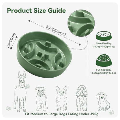 Ceramic Slow Feeder Dog Bowl, 1.8 Cups Anti -Slip Slow Feeding Bowl to Slow Down Eating, 8.2 Inch Dog Food Dish for Medium to Large Breeds, Green - color: Green, size: Medium
