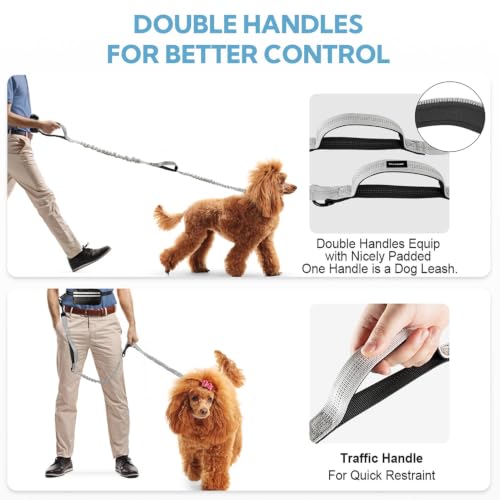 Hands Free Dog Leash with Pouch, Retractable Bungee with Double Padded Handles, Dog Leashes with Bungee for Medium & Large Puppy - color: Silvery