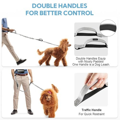 Hands Free Dog Leash with Pouch, Retractable Bungee with Double Padded Handles, Dog Leashes with Bungee for Medium & Large Puppy - color: Silvery