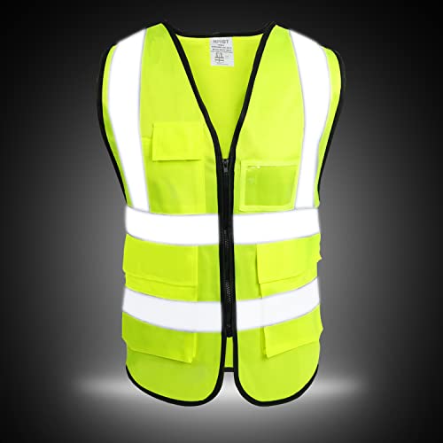 5 Pockets High Visibility Reflective Safety Vest,Zipper Front, Meets ANSI/ISEA Standards - color: Yellow, size: Large
