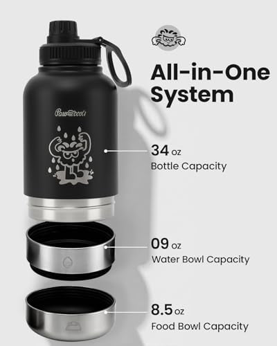 34oz Dog Water Bottle, Stainless Steel Dog Water Bottle Dispenser with Detachable Food & Water Bowls, Keeps Water Hot/Cold, for Walking, Hiking, Camping(Black)