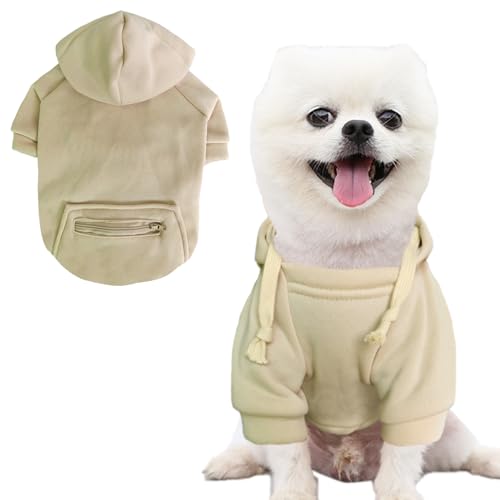 Jecikelon Dog Hoodies for Small Dogs with Zipper Pocket, Soft Fleece Puppy Clothes with Rope Hat, Warm Winter Outfits Cold Weather Coats, Cute Sweatshirt Chihuahua Costume (Beige, X-Large) - color: Beige, size: X-Large