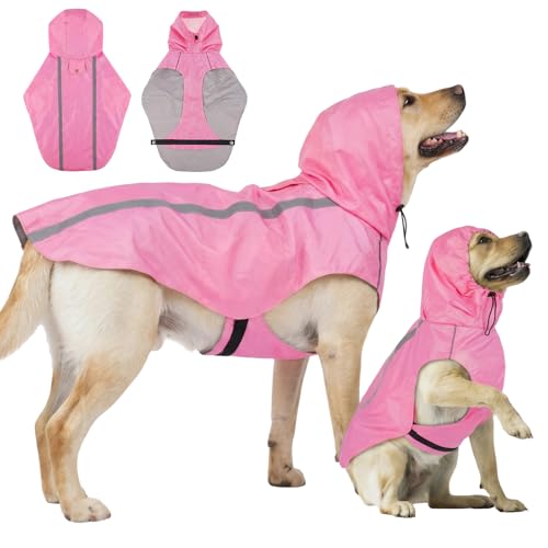 Dog Raincoat with Reflective Strip Hoodie, Waterproof Dog Raincoats, Adjustable Lightweight Hooded Poncho Dog Rain Jacket, Snowproof Windproof Clothes, Dog Raincoat for Large Dogs - color: Pink, size: L