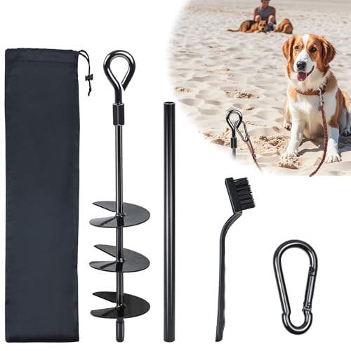 Beach Dog Stake Anchor Heavy Duty Dog Tie Out Stake 360° Swivel Dog Stake Beach Essentials for Large Dogs, Screw in Ground Dog Anchor for Sand Yard Park Camping Outside