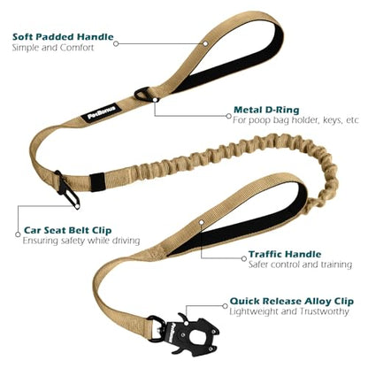 PetBonus Heavy Duty Tactical Dog Leash, 5 FT Bungee Shock Absorption Leash with 2 Padded Handles, Quick Release Metal Clip, Car Seatbelt, No Pull Training Lead for Large Medium Dogs（Khaki） - color: Khaki