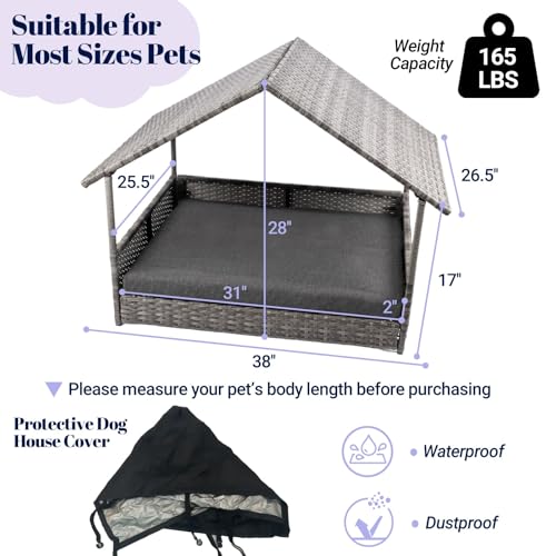 Heeyoo Wicker Dog House, Elevated Rattan Dog Bed with Canopy, Large Dog House Outdoor with Water Resistant Cushion, Outside Rattan Dog House for Dogs with Protective Cover, Grey