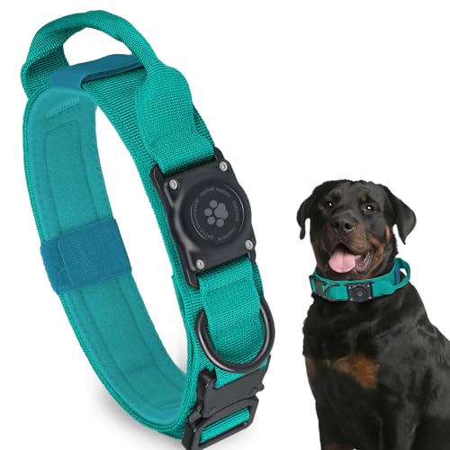 Tactical AirTag Dog Collar, 100% Waterproof Integrated Apple Air Tag Dog Collars with Hard PC AirTag Holder, Adjustable Military Collar with Handle, GPS Dog Collar for Medium Large Dogs(Blue,L) - color: Blue, size: L (16.5-20.5'')