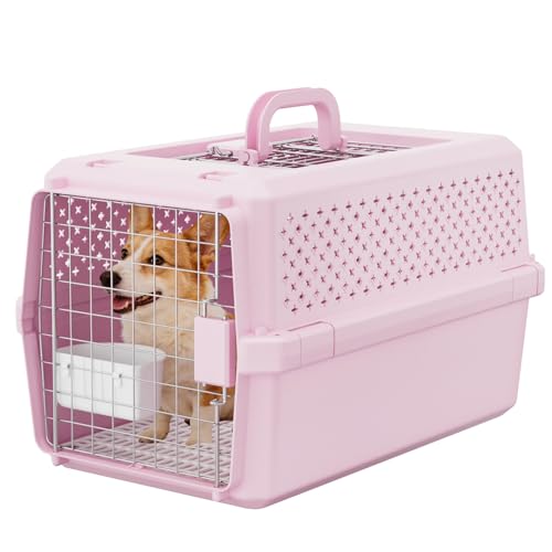 RIZZARI Hard-Sided Pet Carrier for Medium Dogs & Cats, 24" Travel Crate | Airline-Friendly Size,Durable Hard-Sided,Ventilation Openings,Secure Metal Wire Door,Comfortable Carry Handle - color: Pink, size: 24.0"L x 15.0"W x 14.2"H