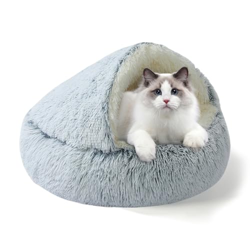 YUDANSI Calming Cat Beds for Indoor Cats - Plush Fluffy Hooded Cave Nest, Anti-Slip Self-Warming Pet Beds, Washable Built-in No-Collapsing Support (Grey-50cm/20in) - color: Non-removable-50cm