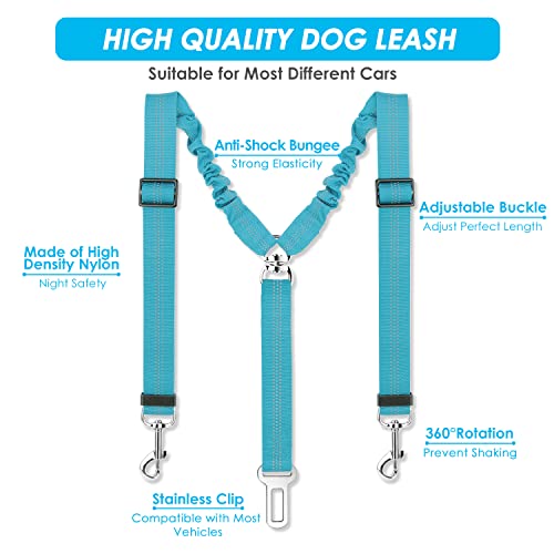 SlowTon Dog Seat Belt, Double Dog Seatbelt Adjustable Vehicle Safety Leash with Elastic Bungee Buffer, Reflective No Tangle Y Shape Two Dog Harness Seat Belt Splitter for Pets Car Trip (Mint Blue, S) - color: C.Mint Blue, size: 2 Small in 1