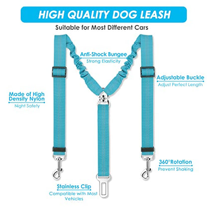 SlowTon Dog Seat Belt, Double Dog Seatbelt Adjustable Vehicle Safety Leash with Elastic Bungee Buffer, Reflective No Tangle Y Shape Two Dog Harness Seat Belt Splitter for Pets Car Trip (Mint Blue, S) - color: C.Mint Blue, size: 2 Small in 1