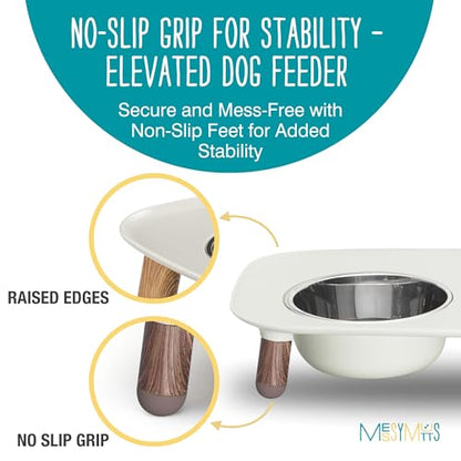 Messy Mutts Elevated Double Feeder with Stainless Bowls | Adjustable Height 3”, 5”, or 10” | Adjustable Standing Feeder for Dogs | 5 Cups per Bowl | Light Grey with Faux Wood Legs - color: Light Grey, Faux Wood Legs
