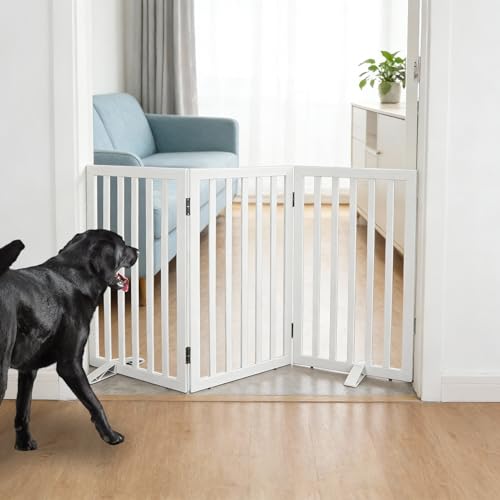 ZJSF Freestanding Indoor Dog Gate for House Foldable Wood White Puppy Gate for Doorways Pet Gate for Stairs Extra Wide Pet Fence 32" Height 3 Panels - color: White, size: 【3 Panels】60''w x 32''h