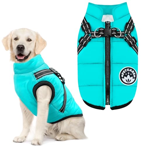 PETCARE Winter Dog Coat with Harness Built in Waterproof Dog Jackets Warm Pet Fleece Vest Windproof Snow Jacket Snowsuit Reflective Dogs Cold Weather Coats for Puppy Small Medium Large Dogs Cats - color: Blue, size: L(Chest 16.5" Suggest 8-11 lbs)