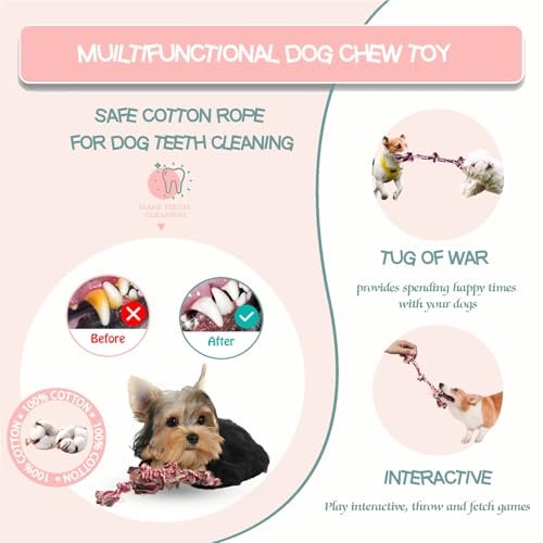 3 Pack Dog Rope Toys Puppy Teething Sturdy Cotton Chew Toy for Small Breed | 2-8 Months Pets Durable Interactive Tug Ropes Teeth Clean Pink Girl Indoor/Outdoor Boredom - size: Small