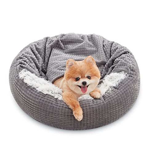 MIXJOY Small Dog Bed Cat Bed with Blanket Attached, Round Hooded Cozy Dog Cave Beds for Small Dogs, Soft Plush Cuddler Puppy Pet Bed, Anti-Slip Bottom, 23inch - size: 23.0"L x 23.0"W x 6.0"Th