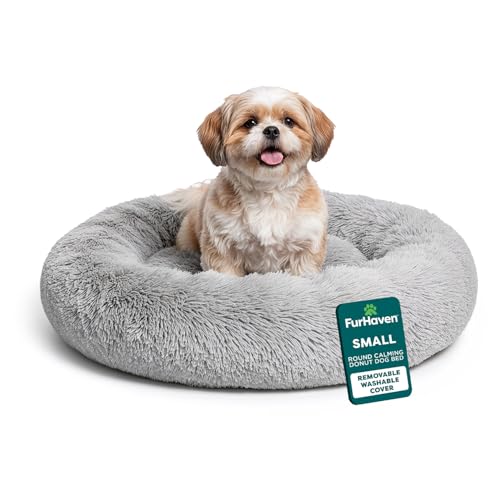 FurHaven 23" Calming Donut Dog Bed for Small Dogs & Cats, Round Plush Donut Design with Soft Filling for Snuggling Comfort, Removable Washable Cover, Small, Shaggy Faux Fur, Mist Gray - color: Mist Gray, size: Small