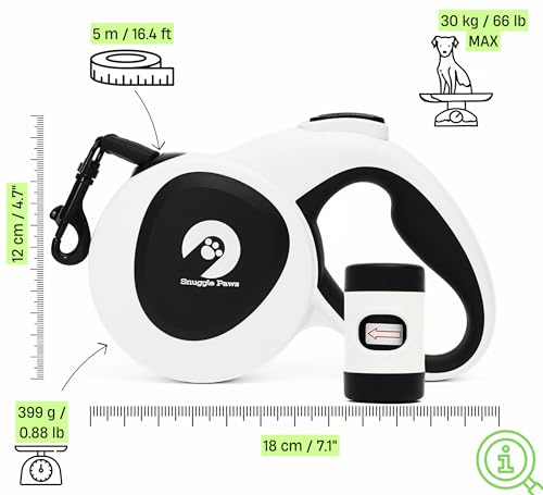 Snuggle Paws Retractable Dog Leash 16ft – Heavy Duty All-in-One Dog Leash with LED Flashlight, Poop Bag Holder, Chew Proof Steel Cable & Reflective Tape – Size M - size: M | 16.4 ft | 66 lbs
