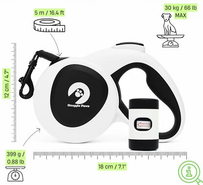 Snuggle Paws Retractable Dog Leash 16ft – Heavy Duty All-in-One Dog Leash with LED Flashlight, Poop Bag Holder, Chew Proof Steel Cable & Reflective Tape – Size M - size: M | 16.4 ft | 66 lbs