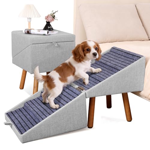 Pet Stairs for High Beds 21.06" Tall, 6-Step Dog Stairs Bedside Table Convertible, 250lbs Large Dog Steps with Storage Drawers, Non-Slip Pet Ramp for Bed Couch for Medium Large Small Dogs - color: Light Grey, size: XXL(21.06H)