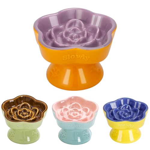 S&Q's Ceramics Raised Slow Feeder Cat Bowl, Ceramic Elevated Food Bowl Small Dogs Slow Feeder, Flower Shaped Cute Pet Dish for Dry and Wet Food (Purple, 5.8") - color: Purple