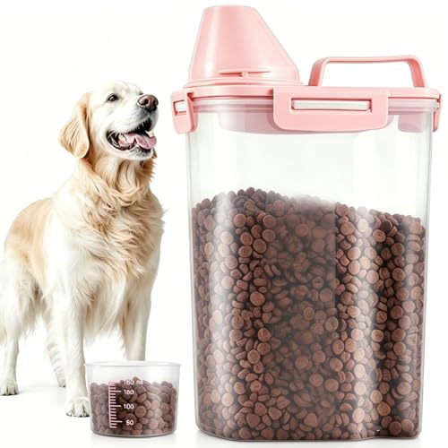 SenseYo Pet Food Storage Container Bin 2.5 lb Portable BPA Free Cat Dog Food Storage Container Dispenser with Measuring Cup and Seal Buckle for Small Animal Kibble Bird Seed Oatmeal Rice Flour - color: pink