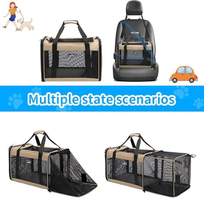 Wakytu Expandable Pet Carrier for Dogs & Cats, Large Travel Bag with 5 Mesh Windows, 2 Entrances, Locking Zippers & Padded Straps,L - size: 19.3"L x 13.0"W x 13.0"H