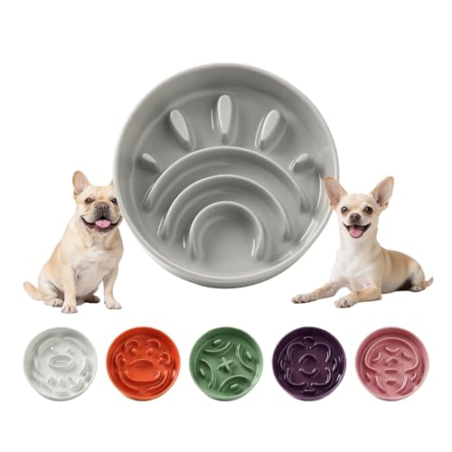 Ceramic Slow Feeder Dog Bowl, 0.8 Cups Anti -Slip Slow Feeding Bowl to Slow Down Eating, 6.3 Inch Dog Food Dish for Small Breeds, Grey - color: Grey, size: Small