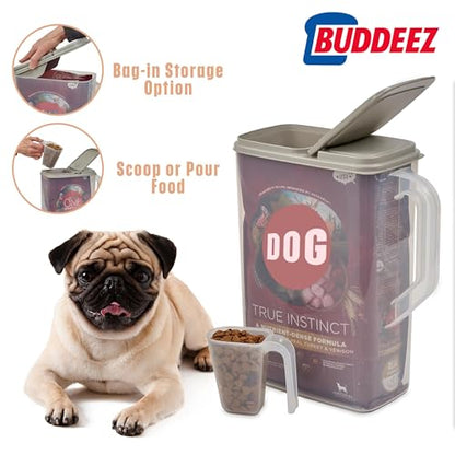 Buddeez Pet Food Storage Container - 8 Quart Capacity Dog/Cat Food & Bird Seed Container with Durable EZ Grip Handle, Flip Gray Lid (includes 1 Cup Clear Scoop) (Pack of 2) - size: 8 Pounds (Pack of 2)