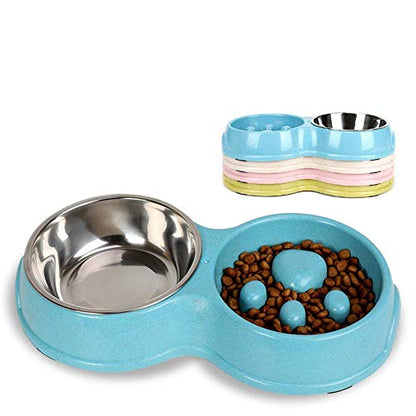 Tineer Double Pet Dog Slow Feeder Bowl,Stainless Steel Anti-Choke Puppy Food and Water Feeder for Dogs Cats (Blue) - color: Blue