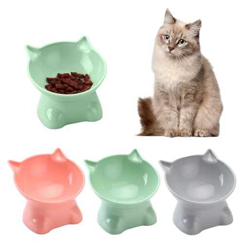 3PCS Elevated Cat Bowls, 15° Tilted Raised Cat Food Bowl Anti-Vomiting, Raised Cat Food and Water Bowl Set for Protecting Pet's Spine, Shallow Cat Food Dish Whisker Friendly - color: Cute Style