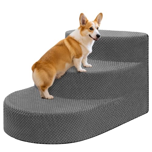 Dog Stairs 3 Steps Foam Pet Ramp for Small Dogs Cats, Grey | Non-slip foam stairs with washable cover, ideal for beds & sofas. Sturdy, safe & easy to clean. - color: Gray-3-Step
